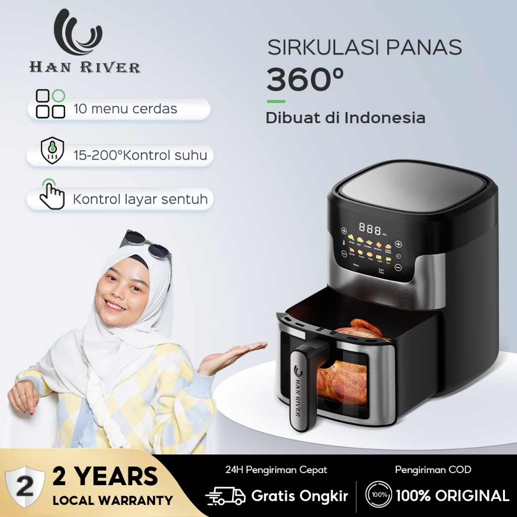 HAN RIVER Air Fryer 650W Touch Screen Digital kapasitas besar 8L Penggoreng Makanan Serbaguna