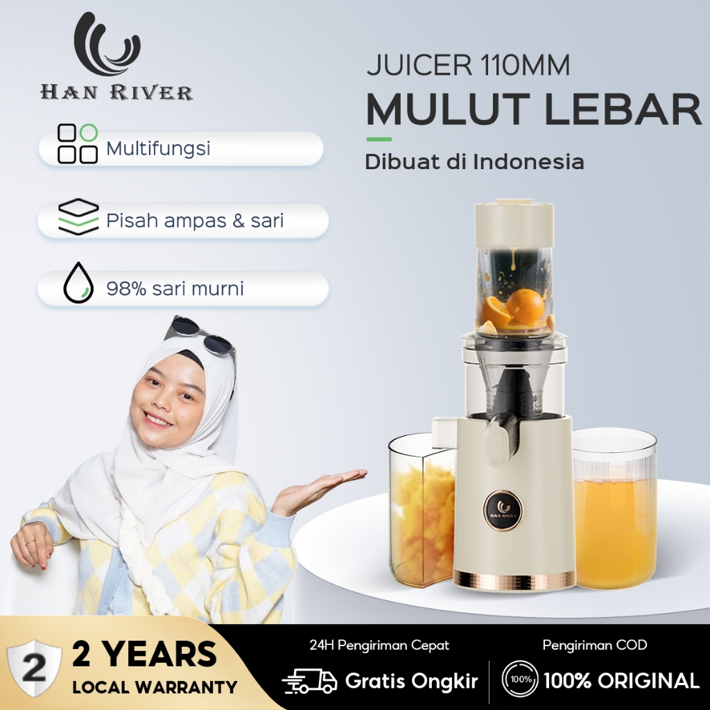 HAN RIVER Blender 110MM Mulut Besar Pemisah Ampas & Jus Tanpa Ampas Mudah Bersih 99% Jus Maksimal