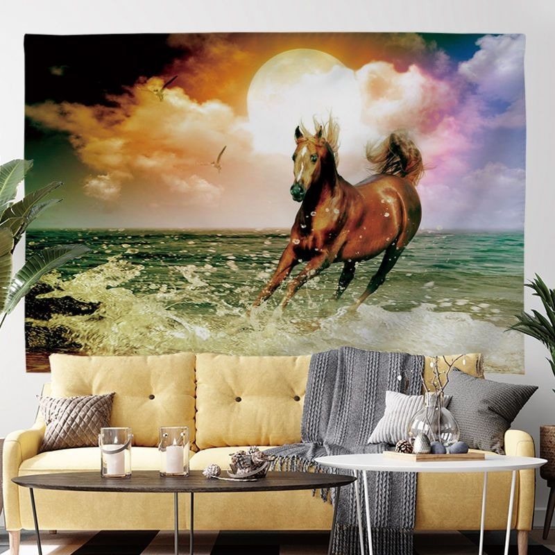 Hiasan dinding pemandangan hutan, padang rumput, dan kuda, dinding foto siaran langsung, kain latar 