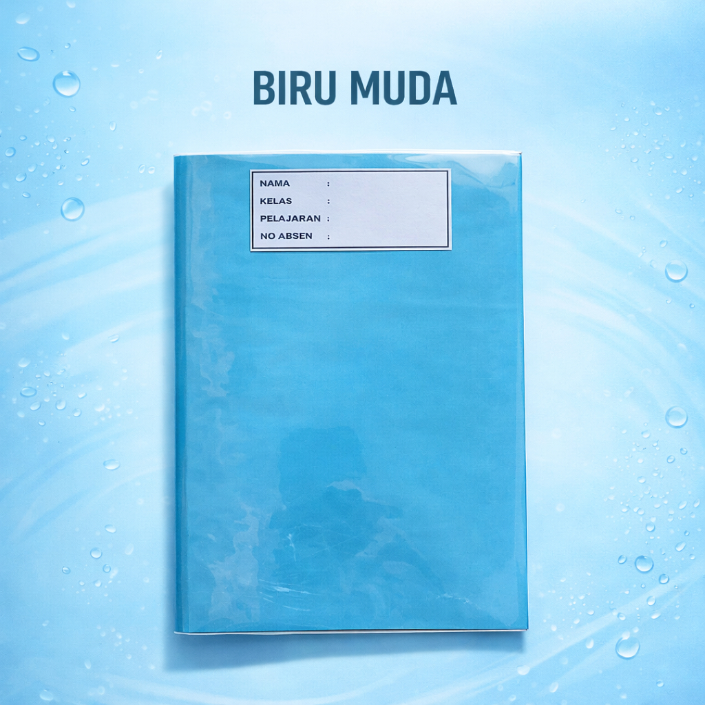 buku tulis bersampul biru muda dan sudah disampul plastik (tinggal pakai)