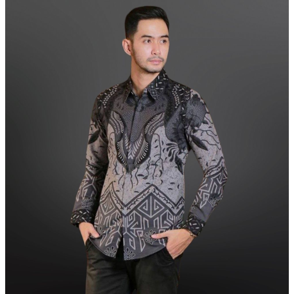 Kemeja Batik Pria Dewasa Lengan Panjang Motif DASI ABU Formal Casual Baju Batik Kantor Cowok