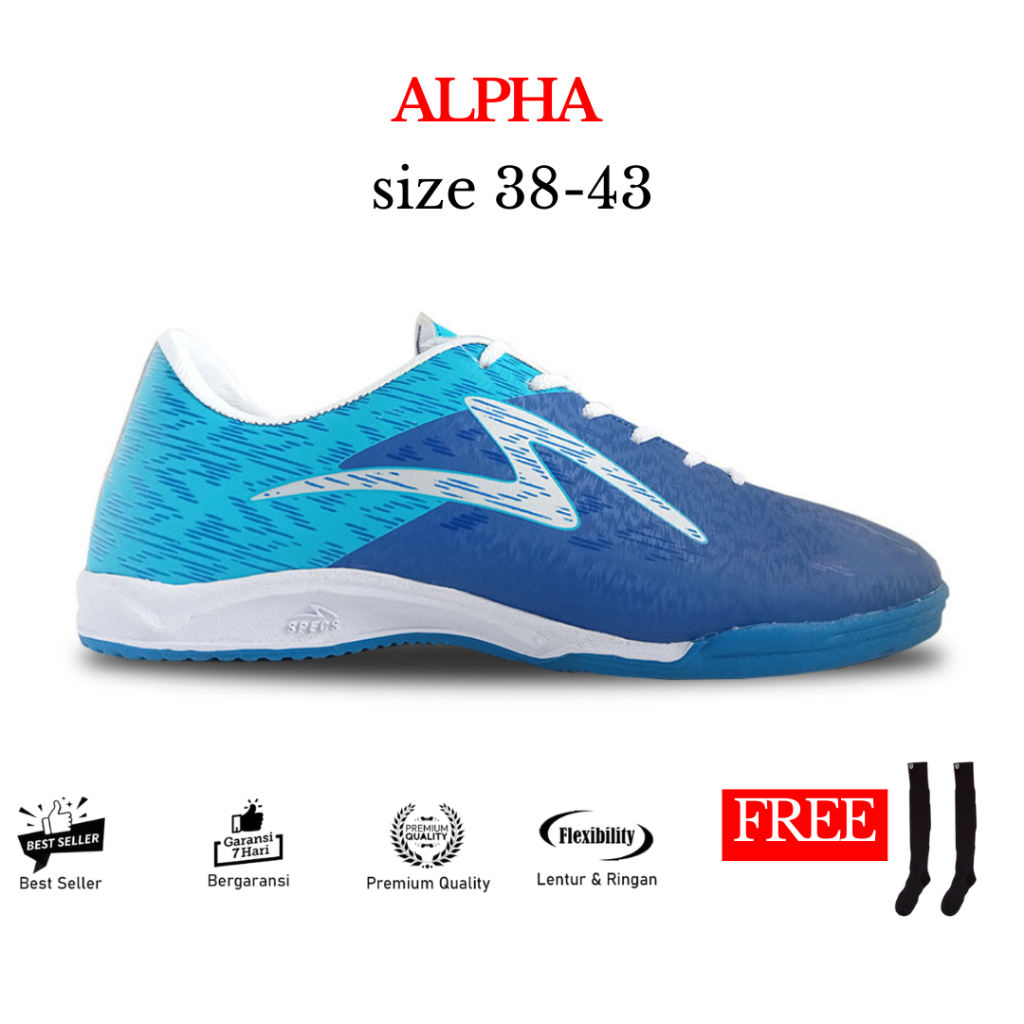 sepatu futsal sporty specs alpha original 100% warna merah biru hijau ukuran 38-43 dewasa remaja