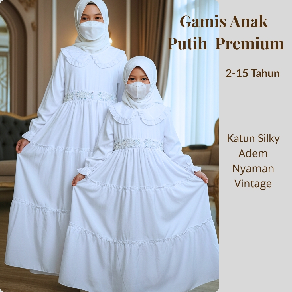 Gamis Anak Perempuan Set Hijab 2–15 Tahun Katun Putih Premium Adem Mewah Lebaran Ngaji OOTD Vaayish