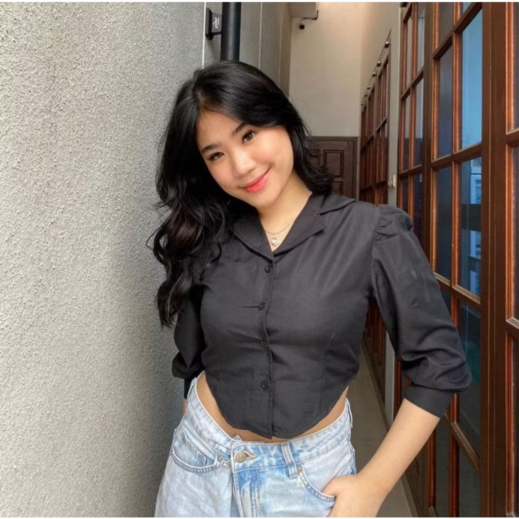 ATASAN CROP POLOS PUFF CHIA LENGAN PANJANG / KEMEJA LENGAN PUFF WANITA
