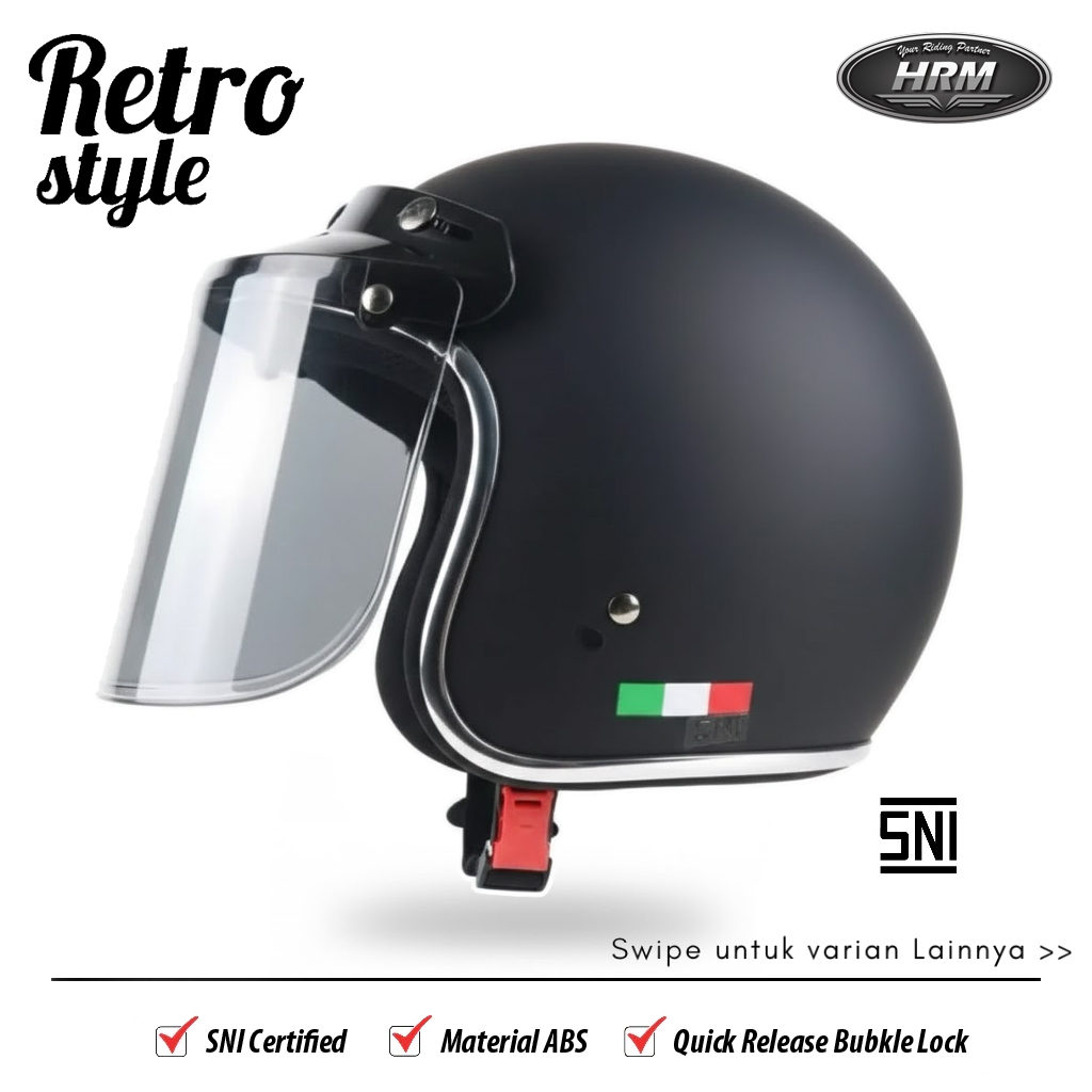 Helm Bogo Dewasa List Chrome Kaca Datar Hitam SNI, Helm Bogo Wanita, Helm Retro Hijab