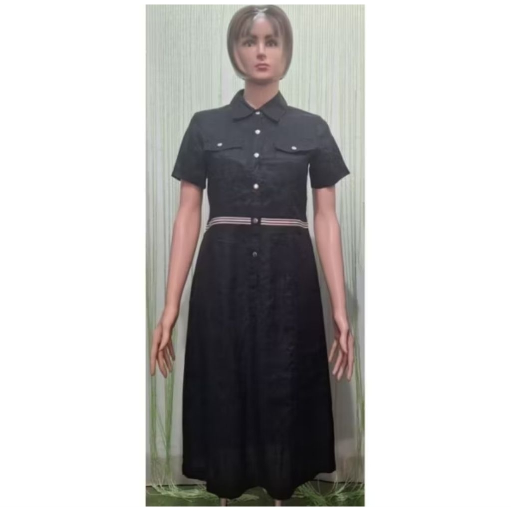 dress hitam panjang lengan pendek list merah putih