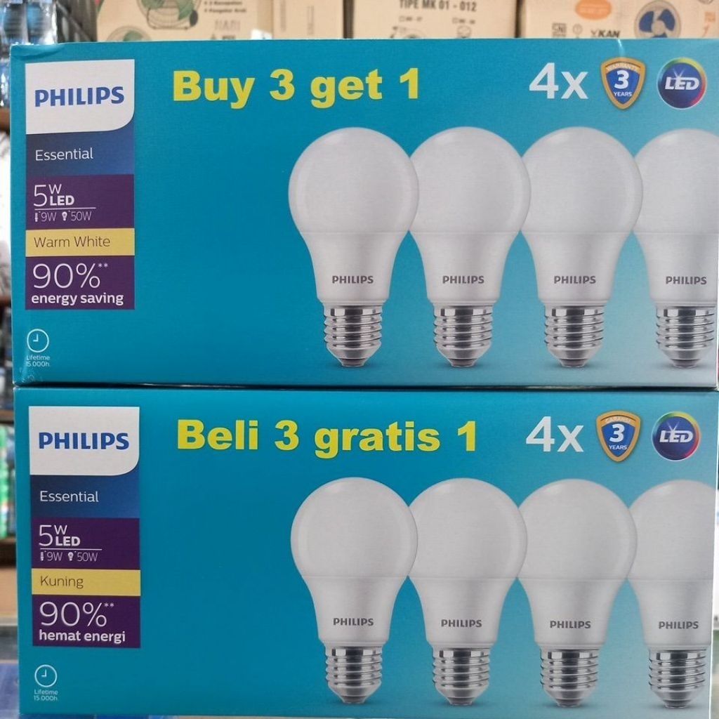 cahaya KUNING warm white led lampu 5w philips watt 3 bonus 1 multipack essential hemat