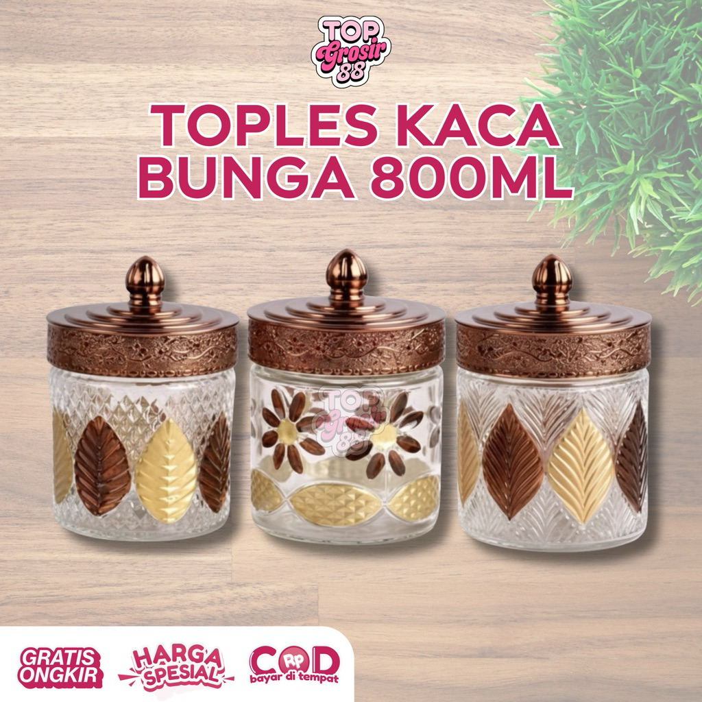 Toples kaca bunga bunga 800ml |toples kue kering |toples kaca Snack|toples kue lebaran