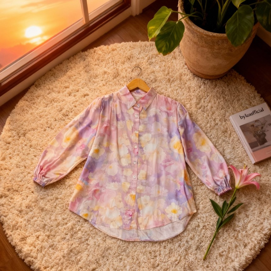 By Lea - MIRI Atasan Wanita Kemeja Motif Lengan Panjang Rayon Adem