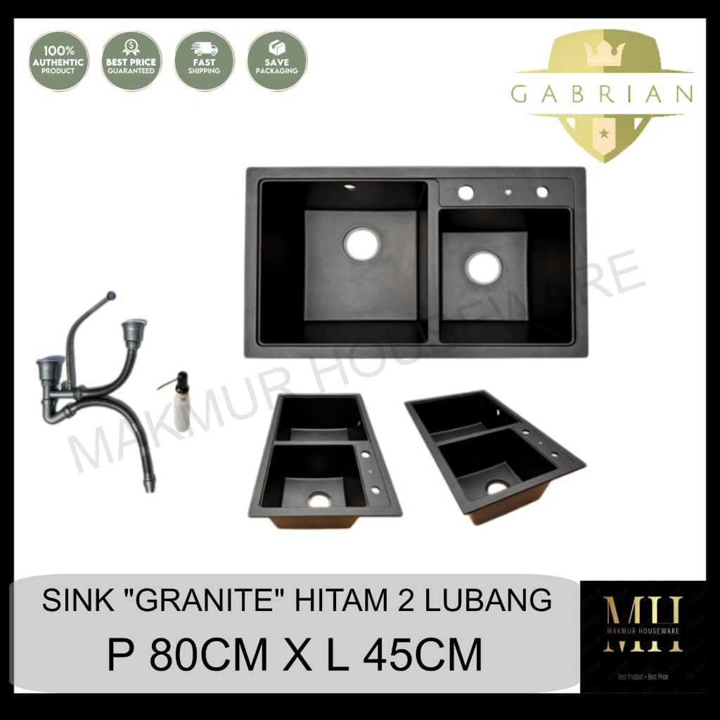 KITCHEN SINK GRANITE 2 LUBANG 80X45CM - BAK CUCI PIRING GRANIT 2 LUBANG HITAM 80X45CM MERK GABRIAN