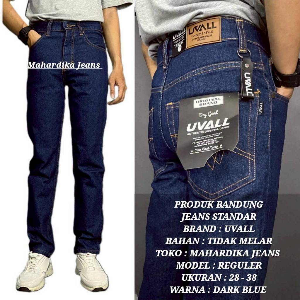 UVALL - Celana Jeans Denim Panjang Pria Standar Reguler Ori Pants Cowok Warna Navy Dark Blue 28 - 38