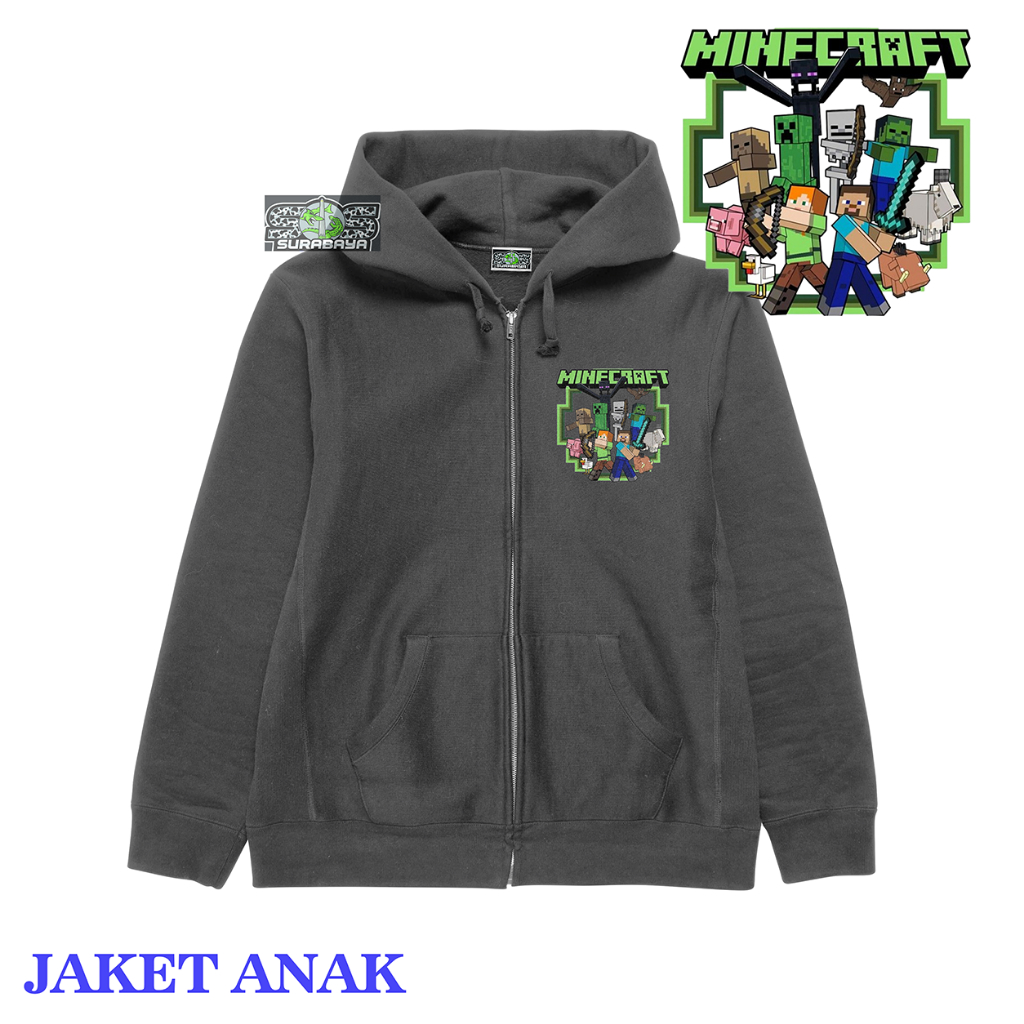 COD Jaket Anak Cowok Cewek MOTIF MINECRAFT HITAM Usia 3 Sampai 12 Tahun Premium Quality