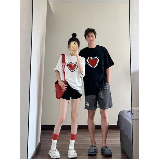 SHINE LOVE Kaos Couple Pasangan Baju Kembar Kekinian Serasi Tema Love Hati Merah
