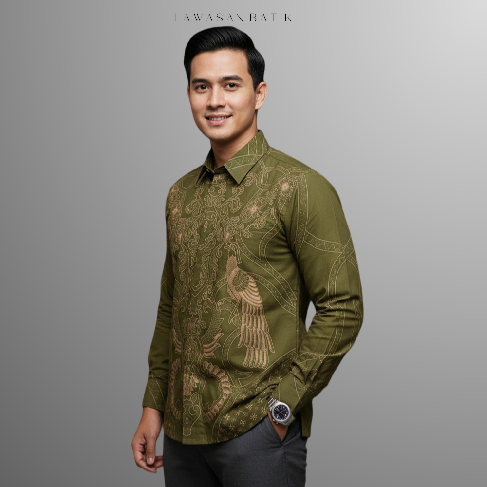 Batik Lawasan Pria Kemeja Batik Pria Slimfit Lengan Panjang Motif Lawasan Warna Hijau Olive dengan F