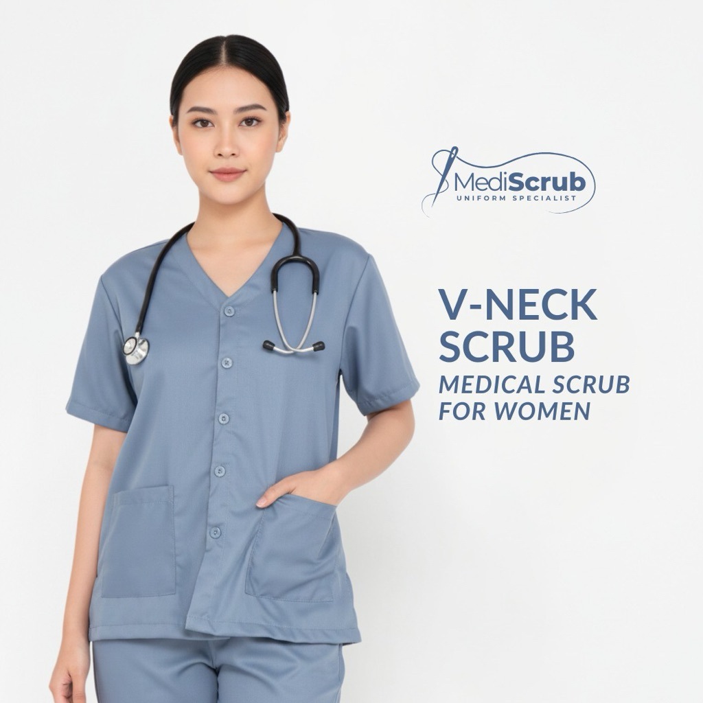 MEDISCRUB - V NECK SCRUBS FULL KANCING DEPAN - Baju Jaga OK Medis Scrub Dokter Perawat