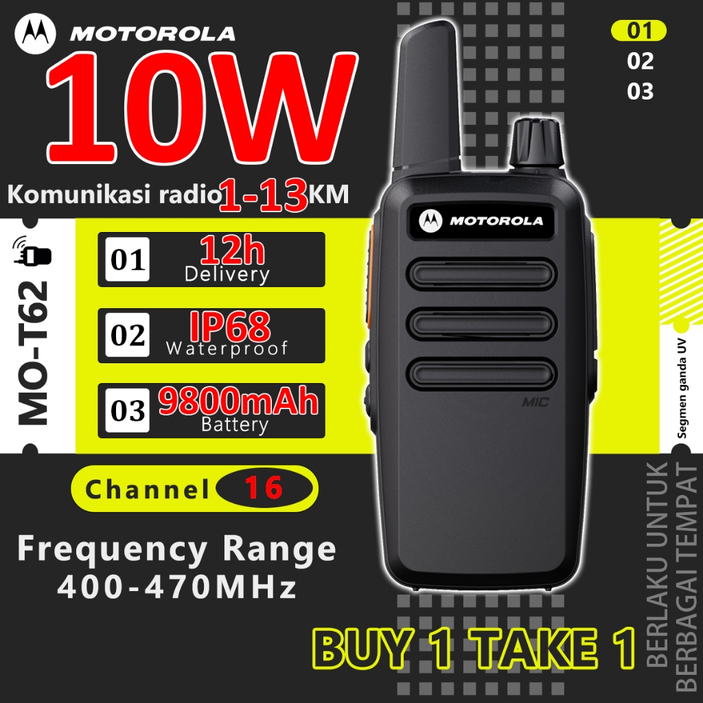 HT Motorola T62 Mini Walkie Talkie 2 Unit 10W Jarak Jauh 13KM Two Way Radio Two Way Radio 9800mAh Ch