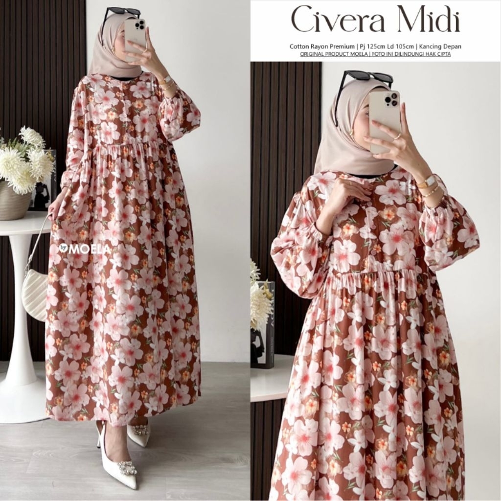 Midi Motif by Moela - dress cotton rayon premium - gamis wanita model terbaru kekinian - dress baju 