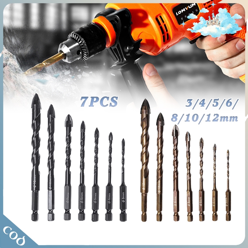 -7Pcs- Set Mata Bor Cross Hex Tungsten 3-12mm Warna Hitam Kuning Tahan Aus Untuk Granit Kaca Keramik
