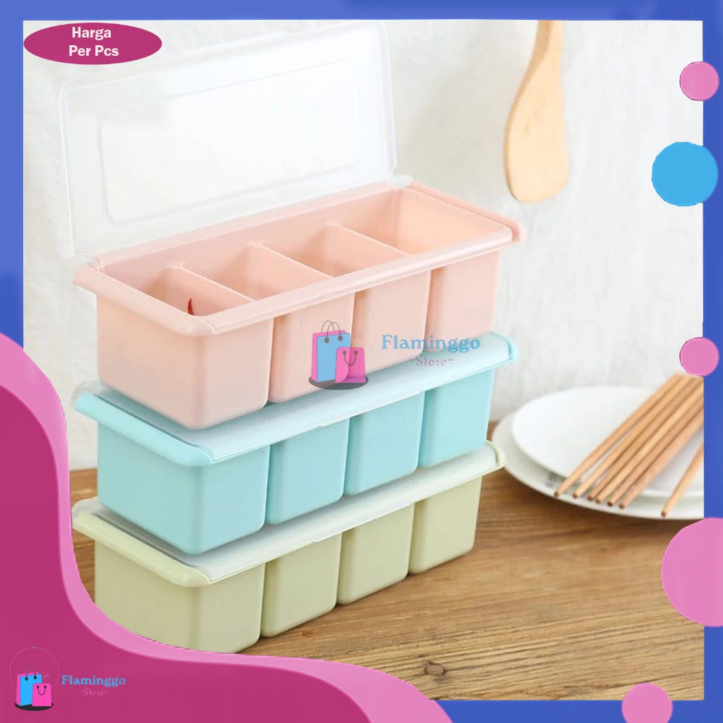 Tempat Bumbu Dapur Panjang 4 Sekat FREE Sendok Kotak Wadah Penyimpanan Gula Garam Micin Lada Seasoni