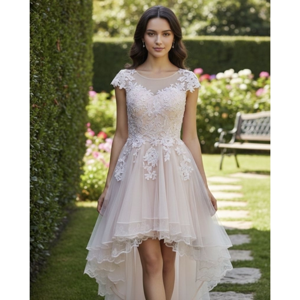 dress pesta model ekor rok ombak peach salem pink preloved