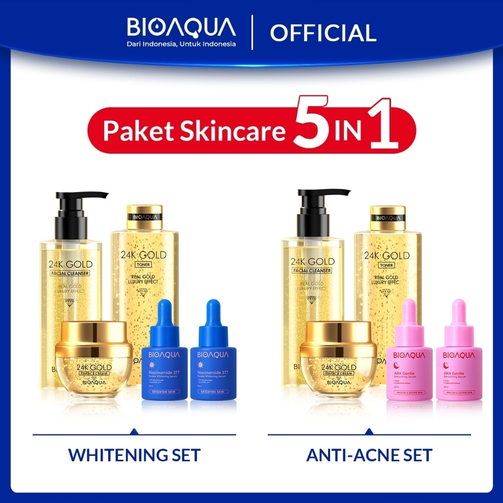 BIOAQUA 24K Gold Skincare Paket Anti aging Set 5 IN 1 With Brightening Serum Wajah / Acne Essence / 