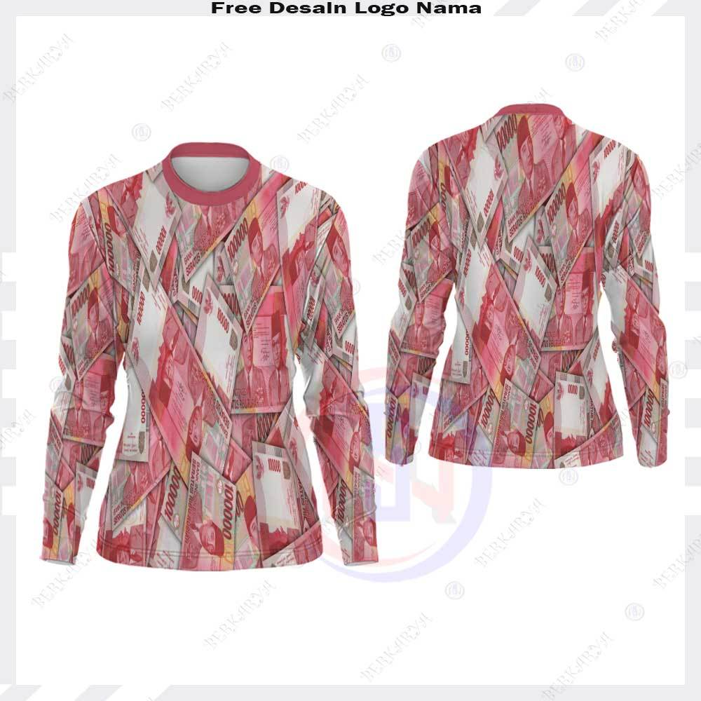 Kaos Jersey Uang 100 Ribu / Kaos Wanita Baju Uang Lengan Panjang / Kaos Uang 100 Ribu Fullprint