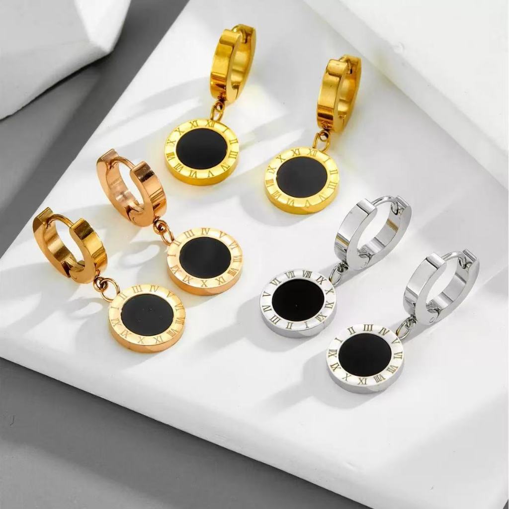 Anting-anting angka Romawi trendi, gaya retro Amerika, baja tahan karat