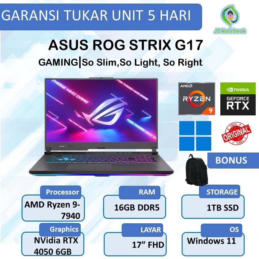 ASUS ROG STRIX G17 G713PU RYZEN 9 7940 RTX4050 6GB/ 16GB 1TB W11 17.3FHD 144HZ