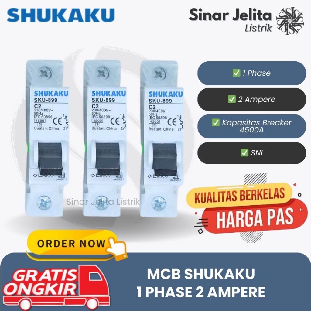 MCB SHUKAKU 1P 2A | Mini Circuit Breaker 1 Phase 2 Ampere | C2 SKU-899 SNI