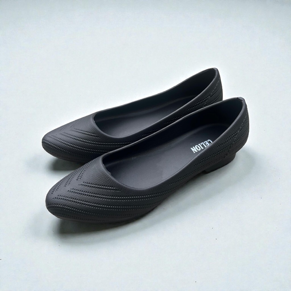 [Haena.Collection] Sandal Sepatu Flat Wanita Polos Full Black Ringan Evarubber Kekinian 1303-1H