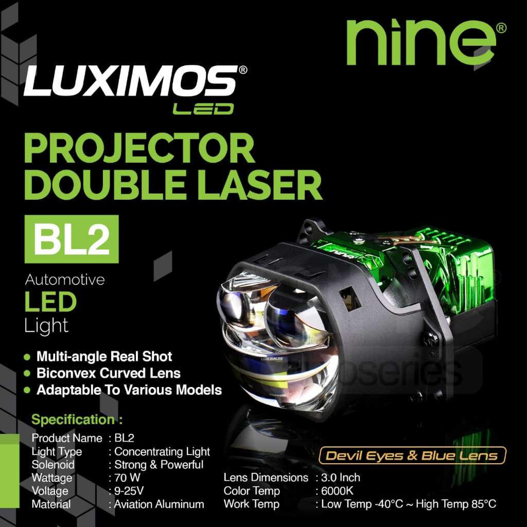LAMPU BILED DOUBLE LASER NINE LUXIMOS BL2 70 WATT PUTIH 3 INCH DEVIL MERAH / BIRU   GARANSI 1 TAHUN