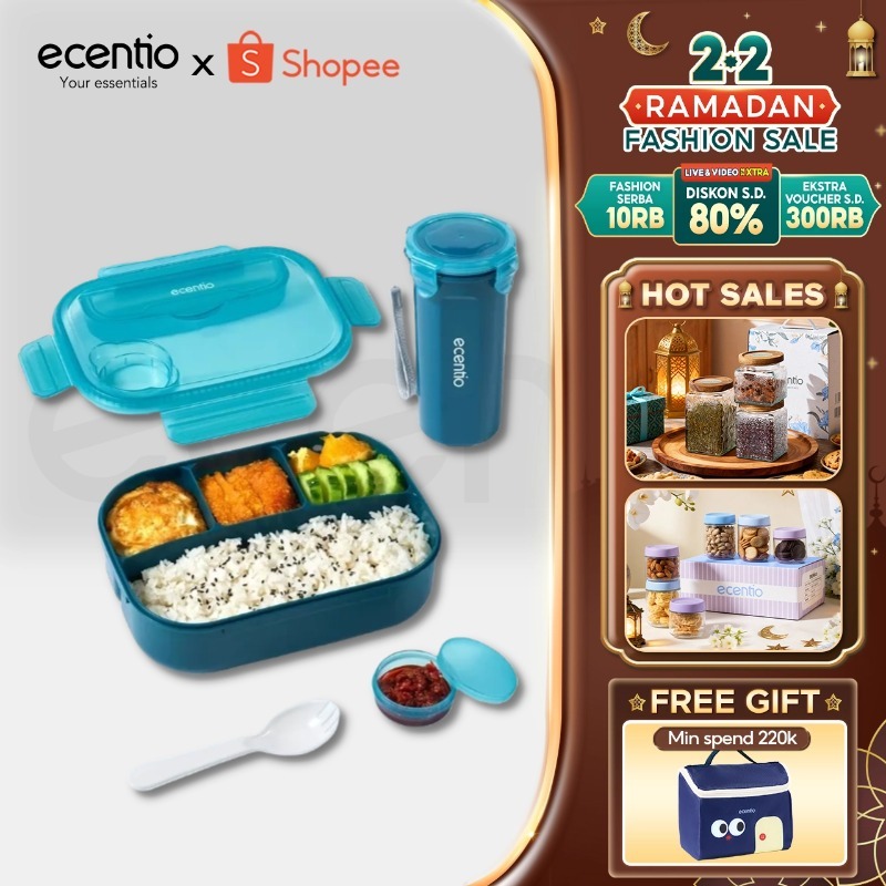 ecentio 4 Grid 1200ml lunch box set/kotak makan anti tumpah/ Lunch Bag anak anak BPA free