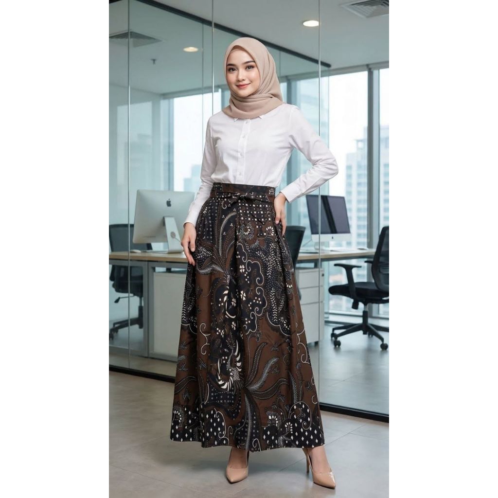 Rok wanita Kekinian motiv batik Bawahan cewek Panjang Modern Pinggang Karet Tali By Qianza Store