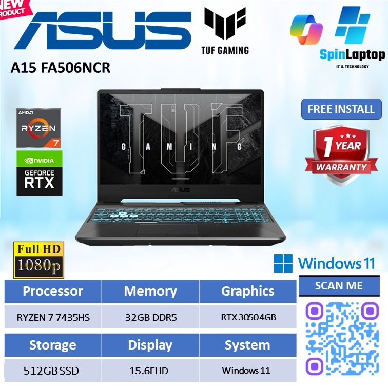 Laptop Gaming Asus TUF A15 FA506NCR RTX3050 4GB | AMD Ryzen 7 -7435HS RAM 32GB DDR5 SSD WINDOWS 11