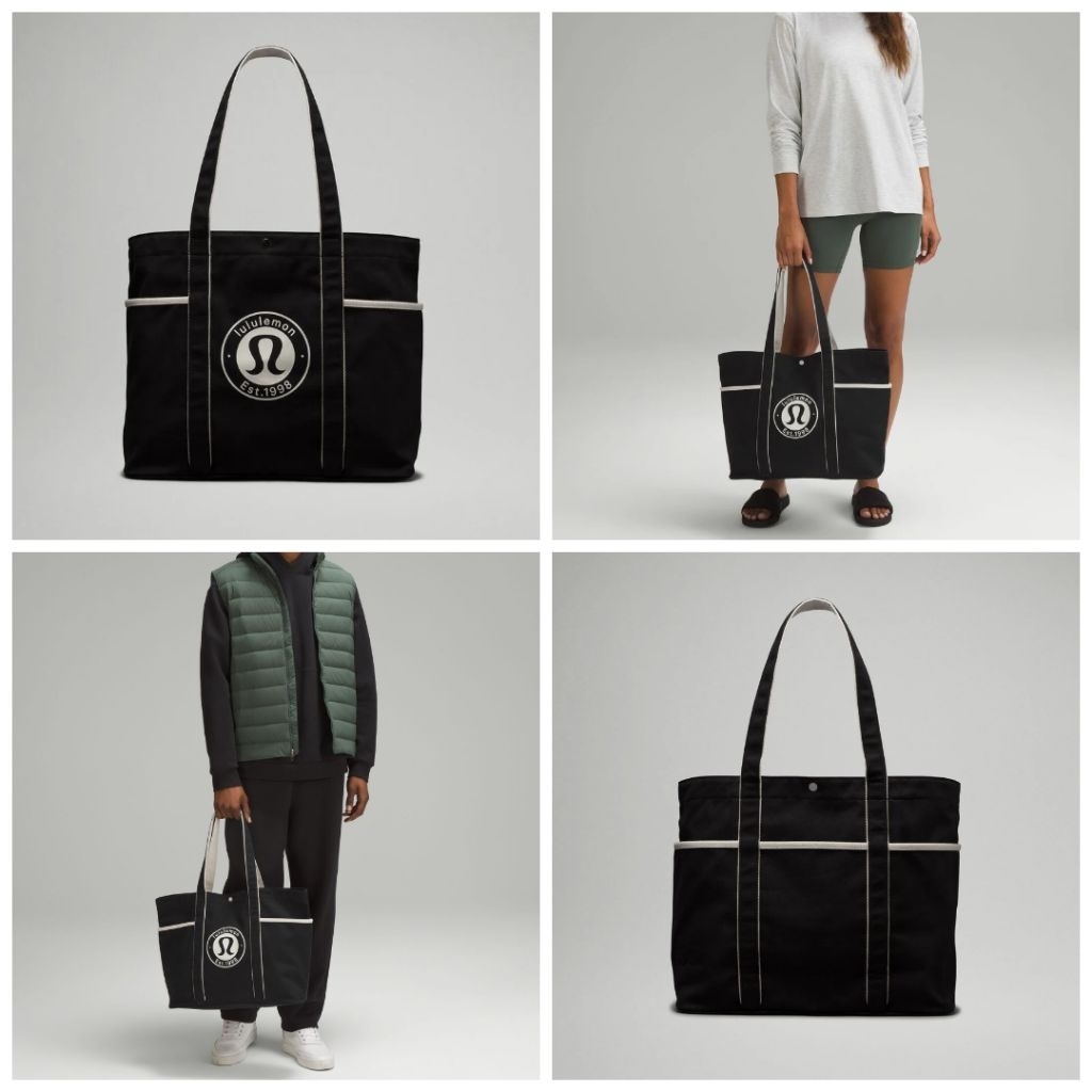 LLB005 Tas Lululemon Multi-Pocket Canvas Tote Bag 20L Logo Black-White Unisex Sport Gym Tenis Fitnes