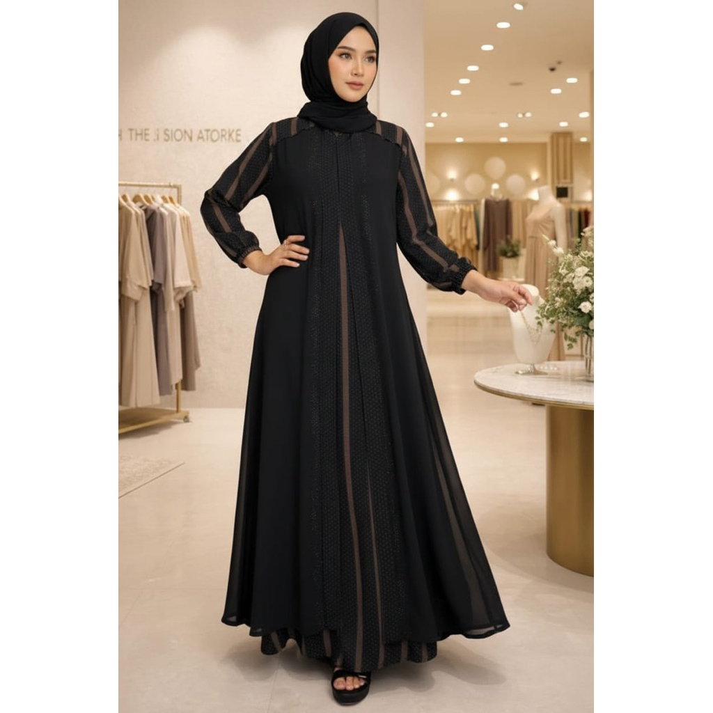 Gamis Abaya jet Black motif  premium belah tengah kombinasi