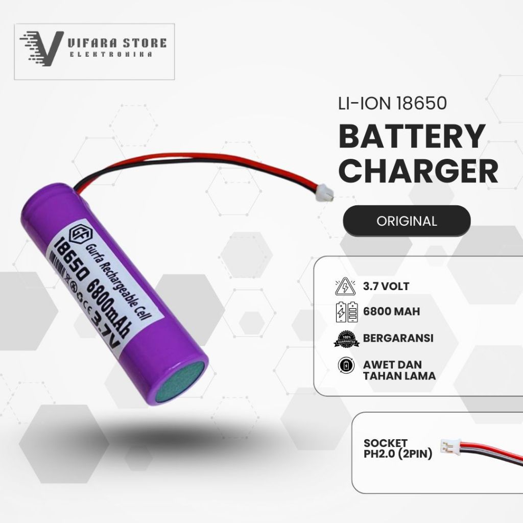 Baterai 18650 3.7V-PH 2.0 Kapasitas 6800 mAh 2 pin-Original
