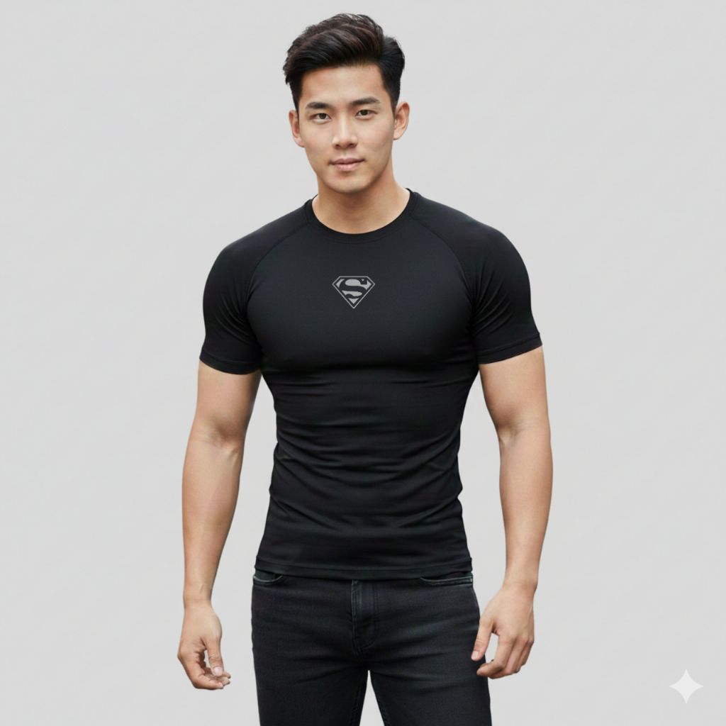 Kaos compression superman Short Slaave Baju Olahraga Kompresi Gym Fitnes Running Simple Hitam