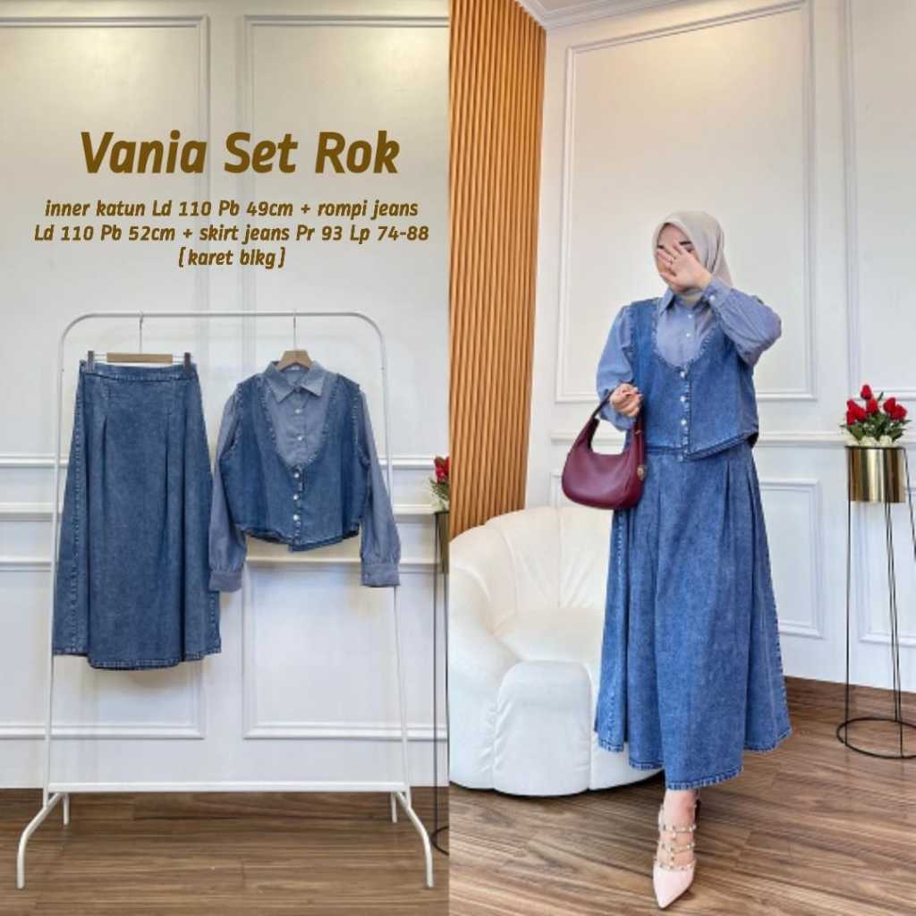 Vania Set Rok Jeans Wanita Stelan Rompi Denim & Skirt Long Dress Hijab Style Premium
