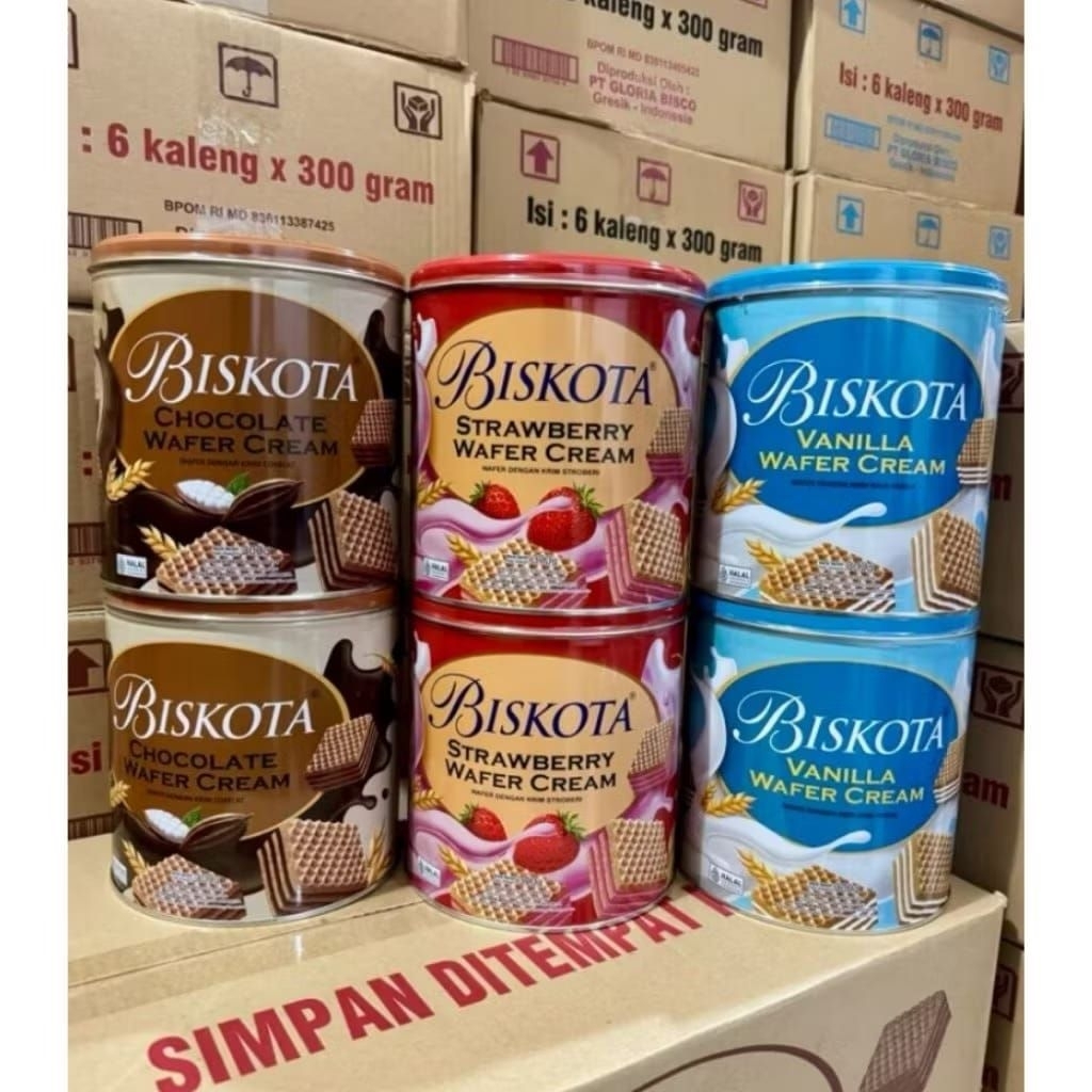 Biskota Wafer cream bulat - Biskuit kaleng - Biscuit wafer coklat , vanilla dan strawberry