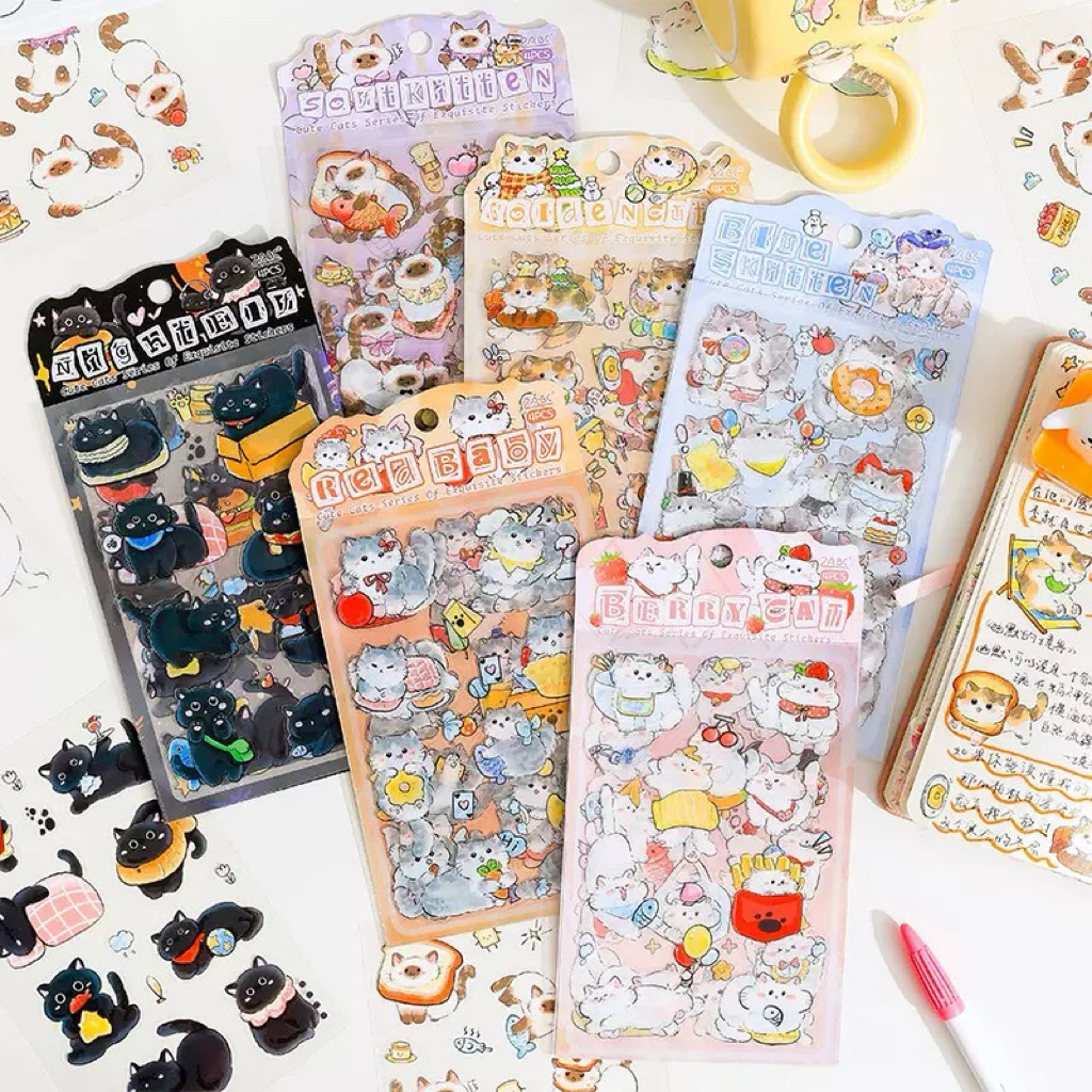 Sticker Kucing Aesthetic PET Waterproof – Sticker Journal Scrapbook Lucu & Gemas