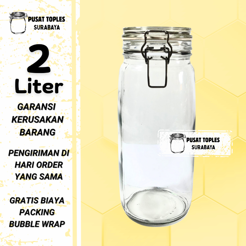 TOPLES KACA JAR KEDAP UDARA 2 LITER BOTOL TOPLES TEMPAT WADAH MAKANAN LEBARAN TUTUP PLASTIK STAINLES