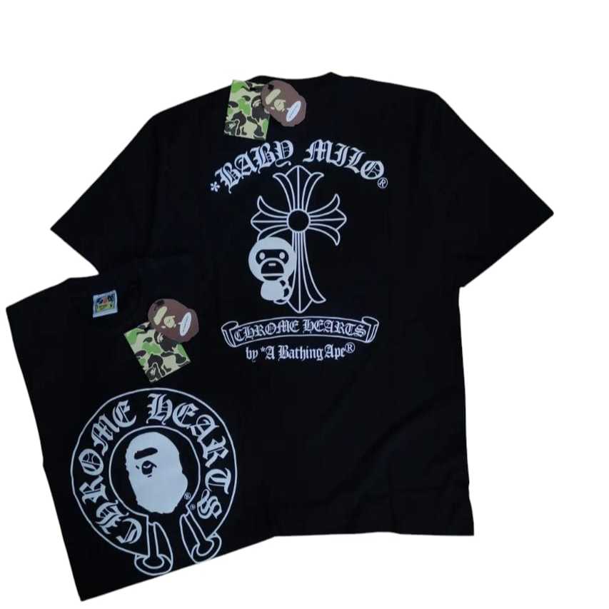 BAPE x CHROME HEARTS Kaos Pria Cotton Print Street Athletic Motif Hitam