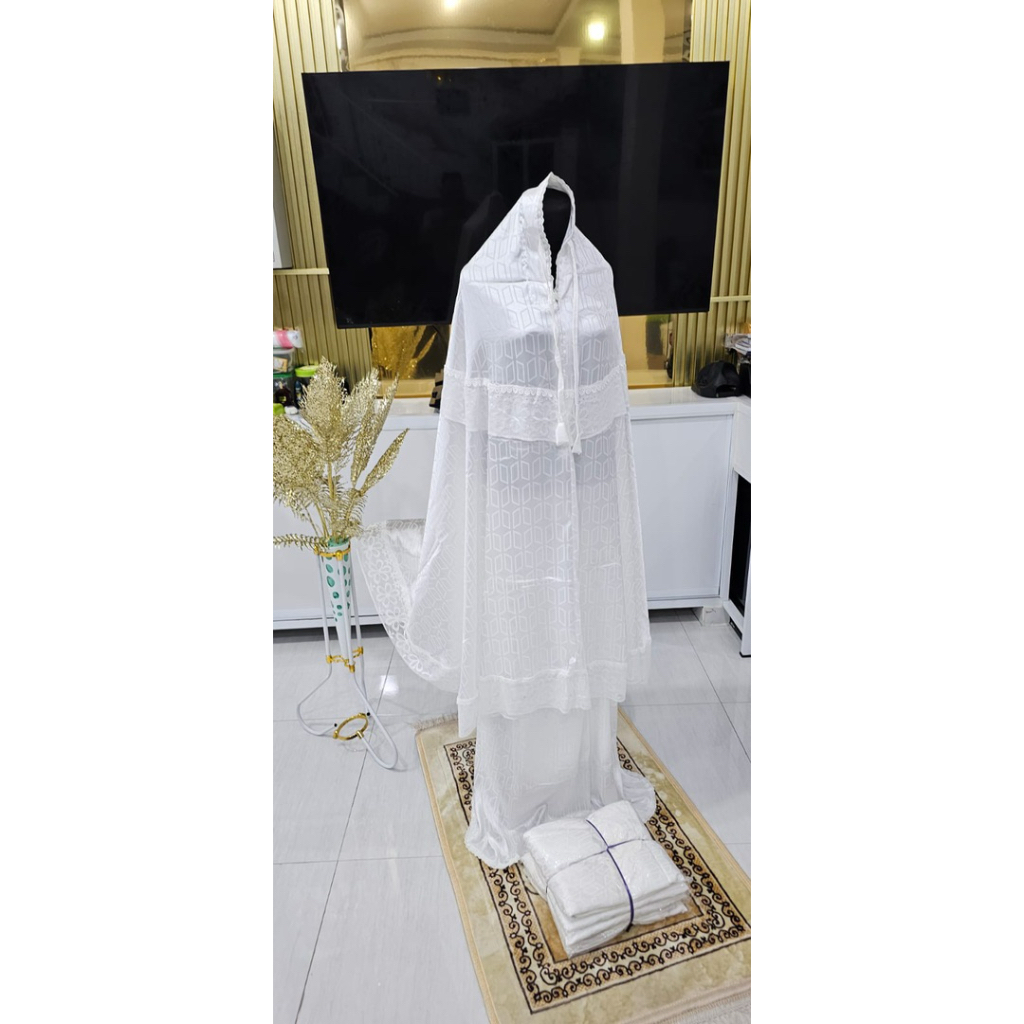 MUKENA SILK JAGUAR PUTIH PREMIUM,MUKENA UMROH,MUKENA PUTIH MAKASSAR