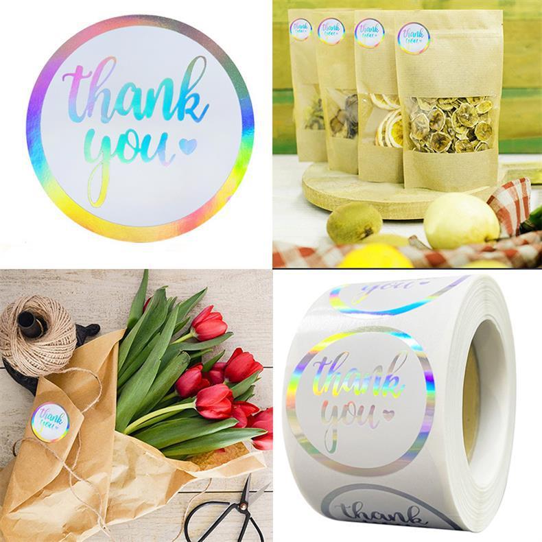 Sticker Label Thank You Laser Holographic Decoratif DIY Stiker Warna Warni Pelangi (1 Roll/ ±500 pcs