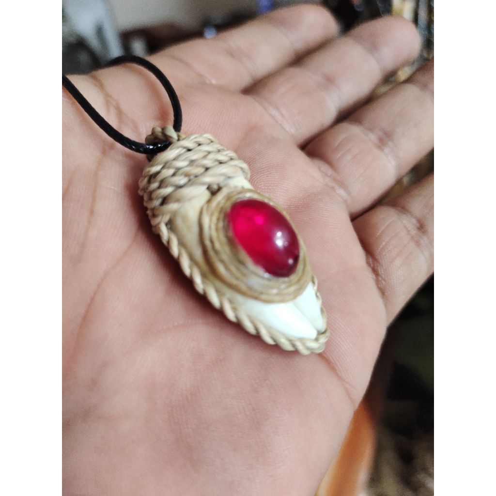 Kalung Etnik Liontin Tarbuy Gibuy Taring Buaya pluss  Merah