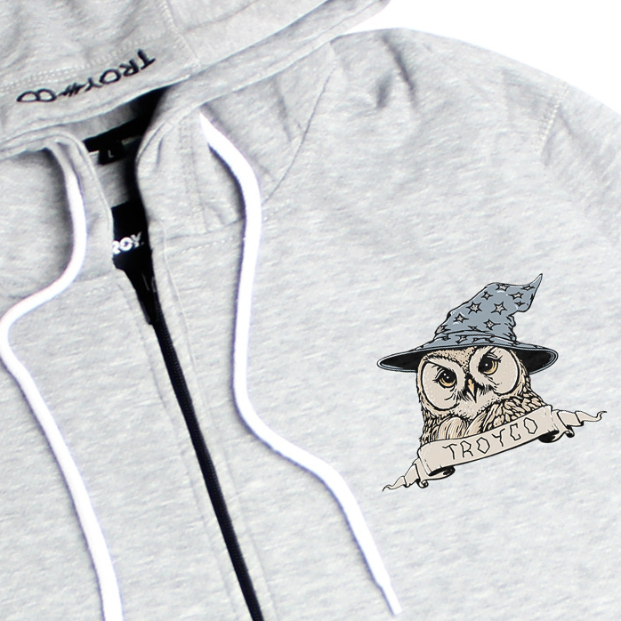 Troy Company Zipper Hoodie Misty Grey Witch Owl - Hoodie Zipper Hoodie Abu Misty ZHD 3182
