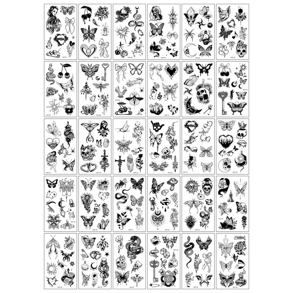 30 PCS Stiker Tato Temporer Grosir 6x10cm Halal Tanpa Bekas Symbol ular love cherry butterfly salib 