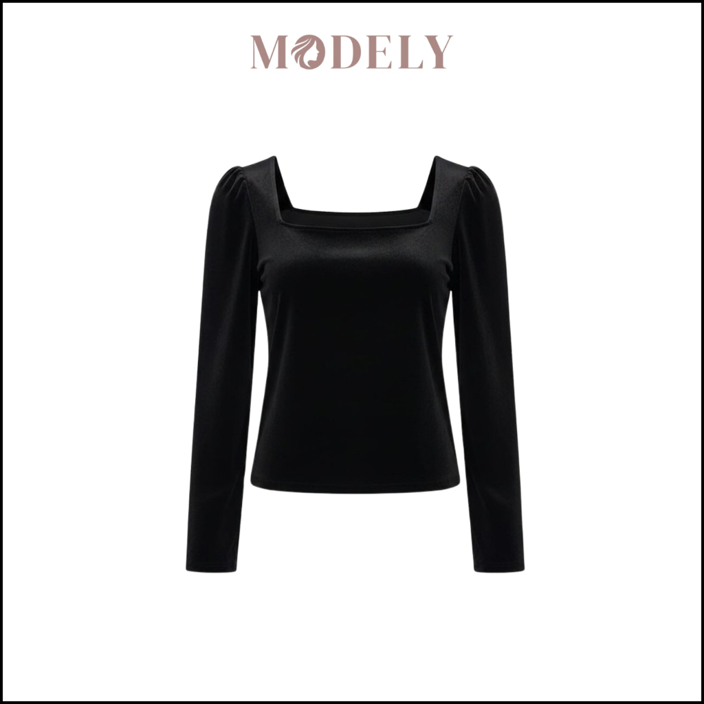 MODELY - Korean Blouse Velvet Top Square Neck Long Sleeve Bluse Lengan Panjang Puff SL033