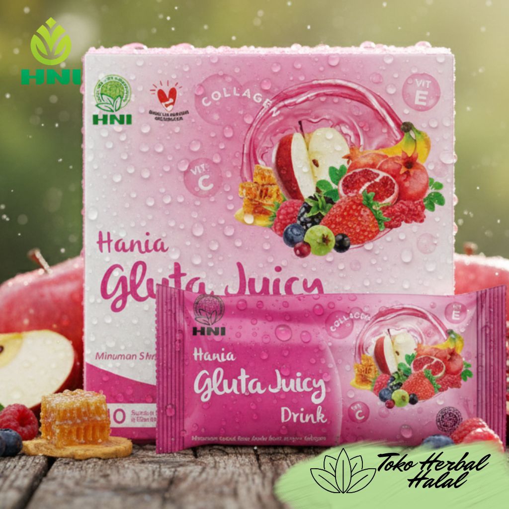 Hania Gluta Juicy Drink HNI HPAI 1 Box Isi 10 Sachet Minuman Kesegaran Glowing BPOM Halal Resmi